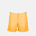 Orlebar Brown swim shorts, luxury men's swimwear, tailored swim shorts, orange swim shorts, high-end beachwear