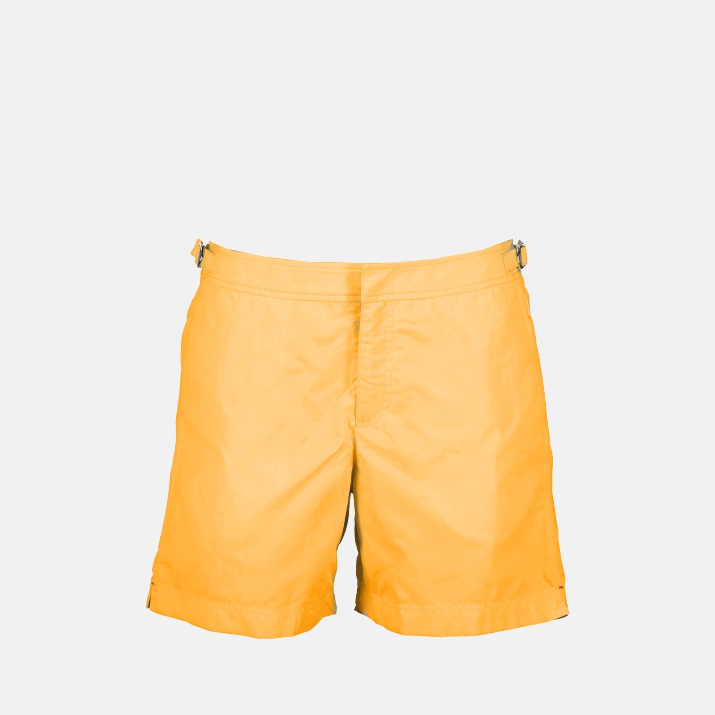 Orlebar Brown swim shorts, luxury men's swimwear, tailored swim shorts, orange swim shorts, high-end beachwear