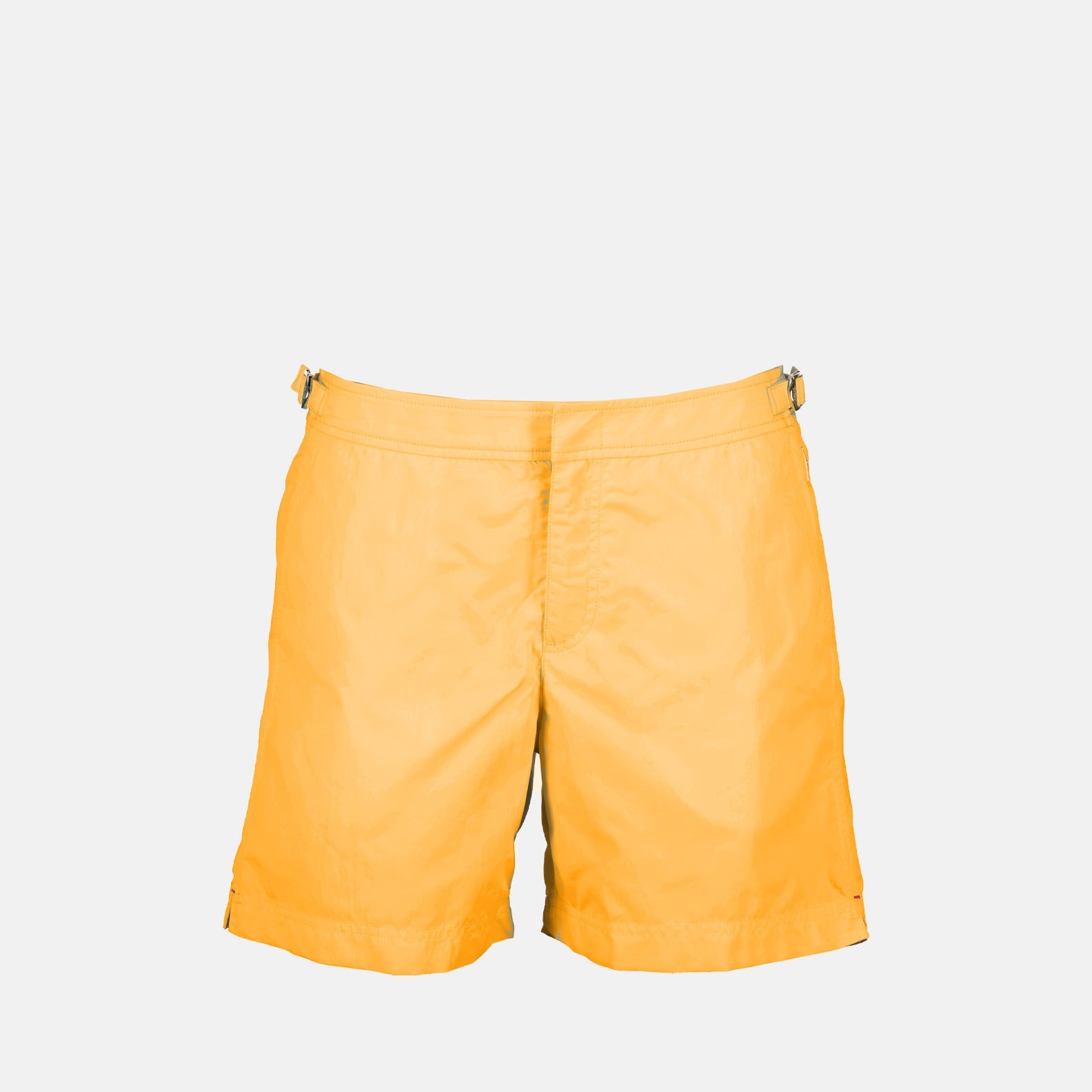 Orlebar Brown swim shorts, luxury men's swimwear, tailored swim shorts, orange swim shorts, high-end beachwear