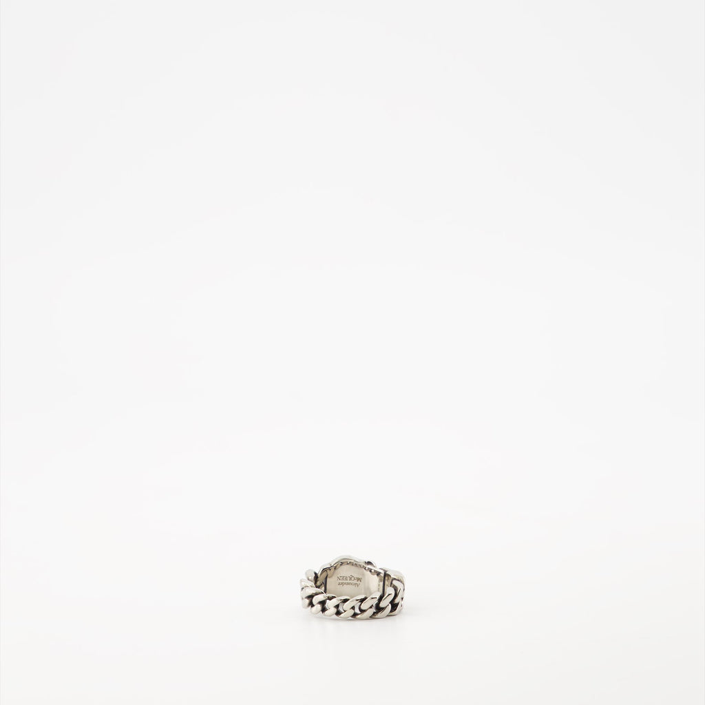 Skull ring, Alexander McQueen ring, chain-link jewelry, luxury accessories, statement ring