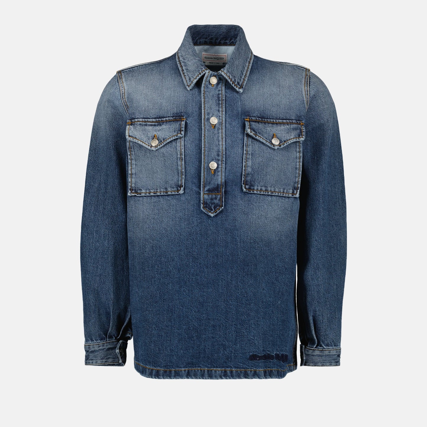 Alexander McQueen, men's denim shirt, luxury fashion, washed denim, high-end clothing