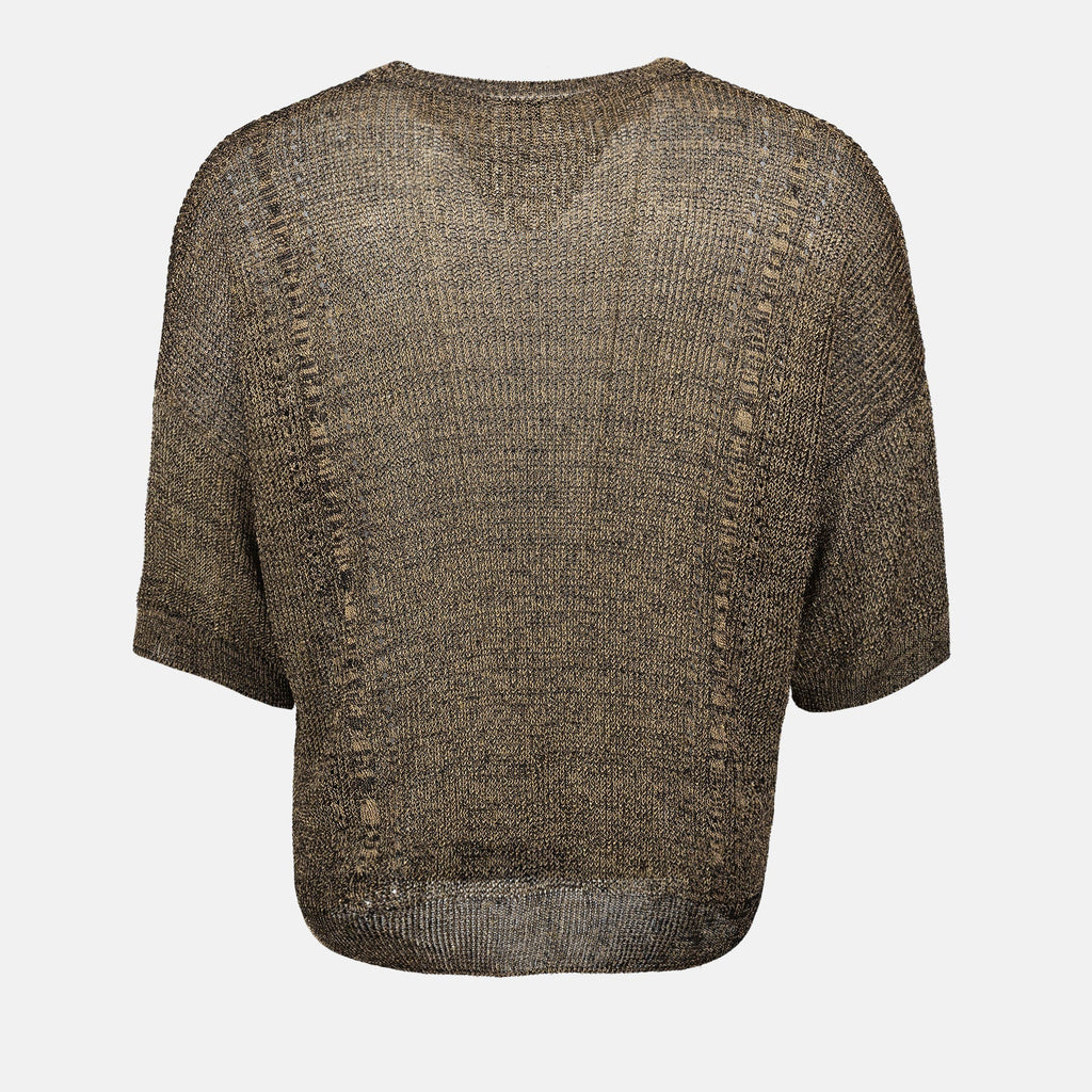 Imagem de uma T-shirt em malha castanha da Saint Laurent para Homens - Temporada Primavera-Verão 2023 - Vista dos detalhes do produto 1