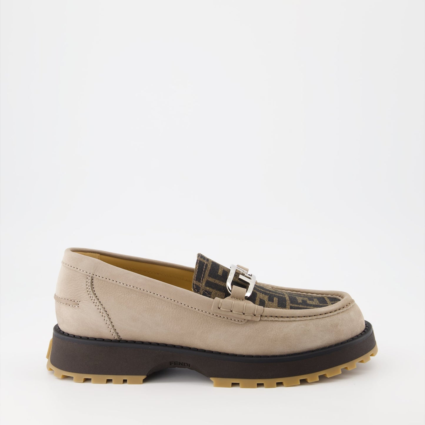 Fendi moccasins, luxury men’s footwear, O'Lock design, beige brown moccasins, designer men’s shoes