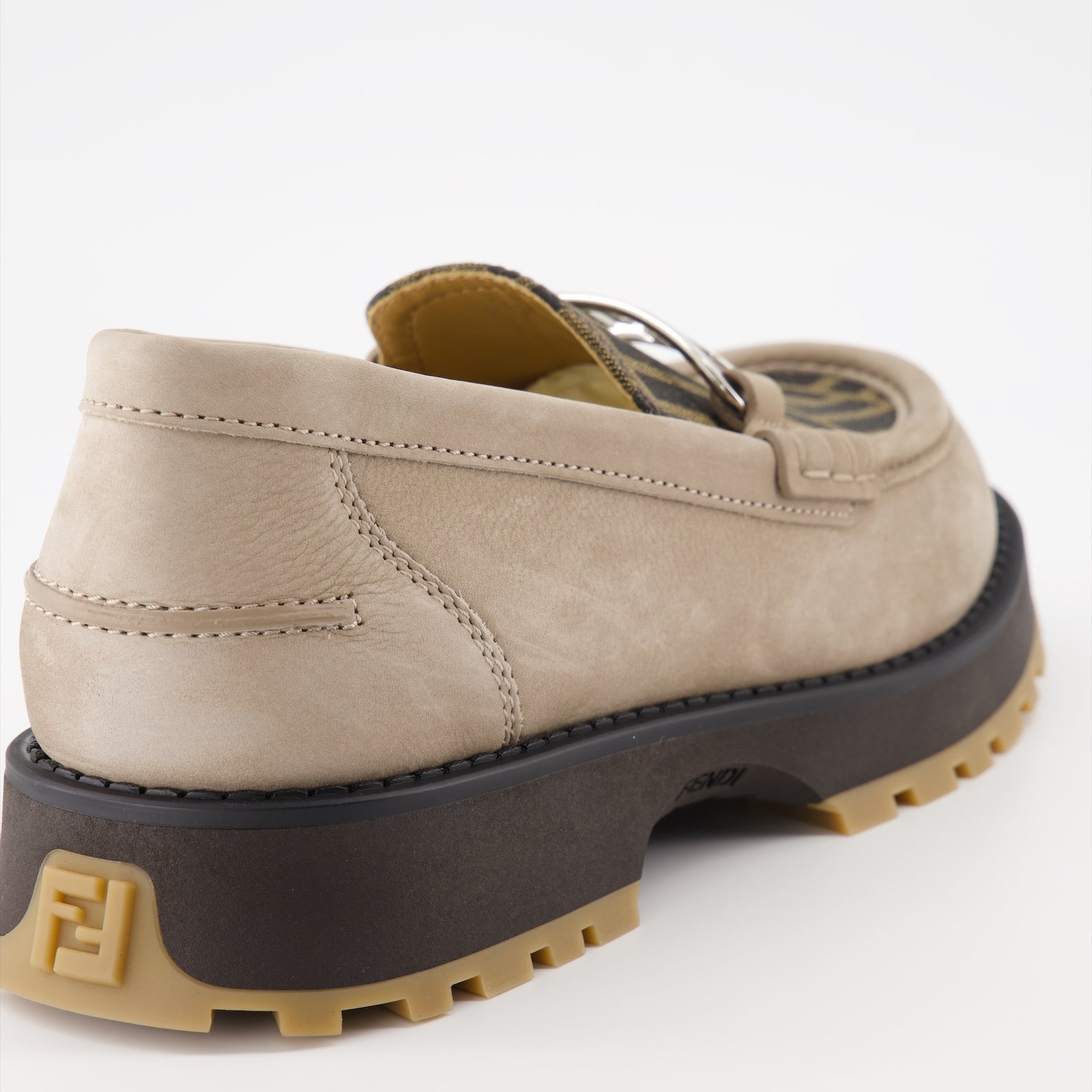 Fendi moccasins, luxury men’s footwear, O'Lock design, beige brown moccasins, designer men’s shoes