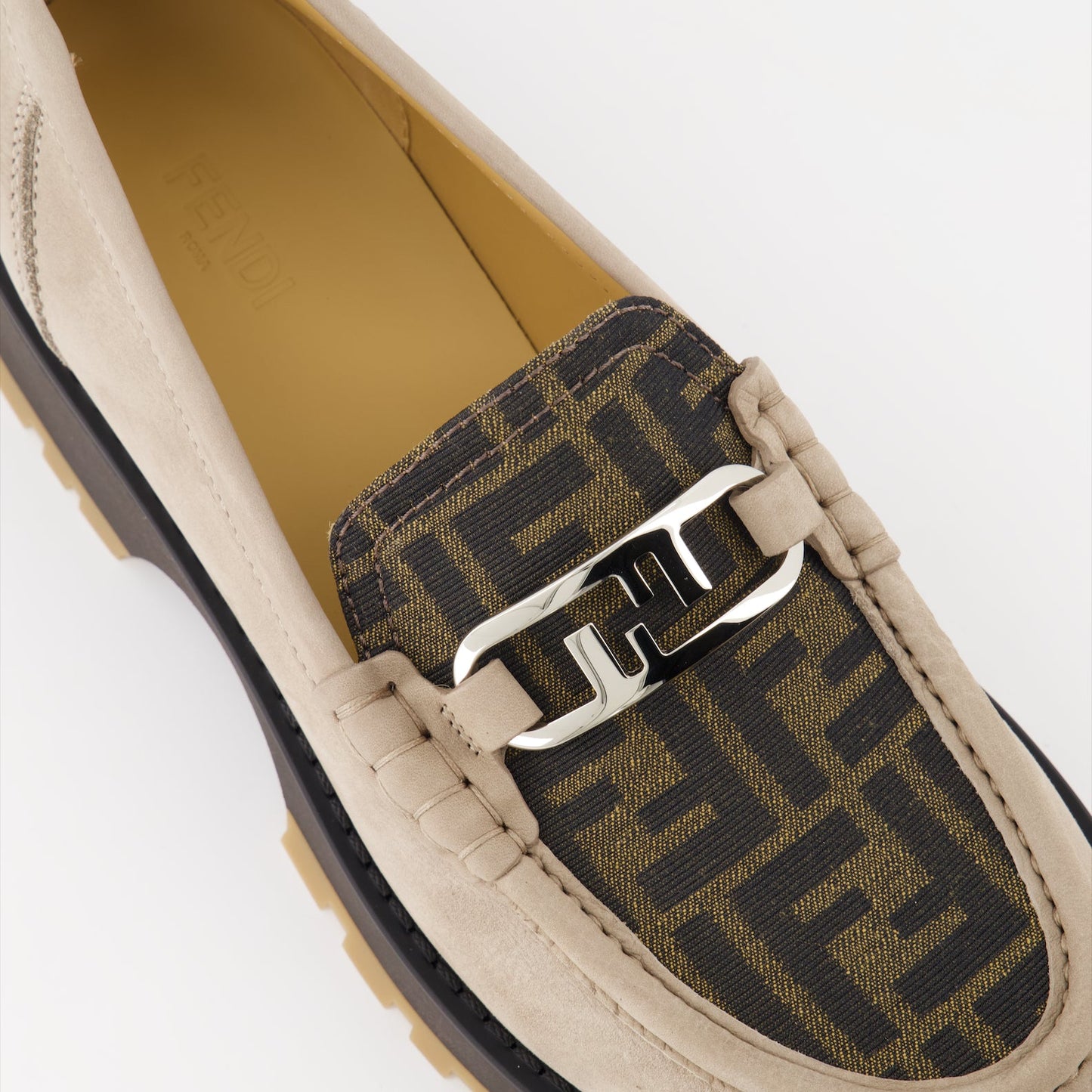 Fendi moccasins, luxury men’s footwear, O'Lock design, beige brown moccasins, designer men’s shoes