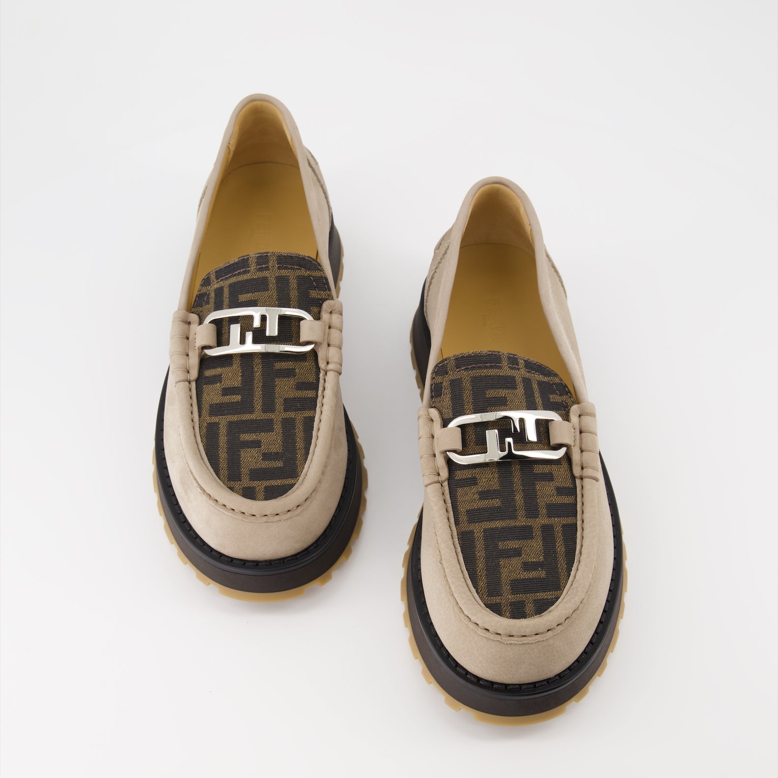 Fendi moccasins, luxury men’s footwear, O'Lock design, beige brown moccasins, designer men’s shoes