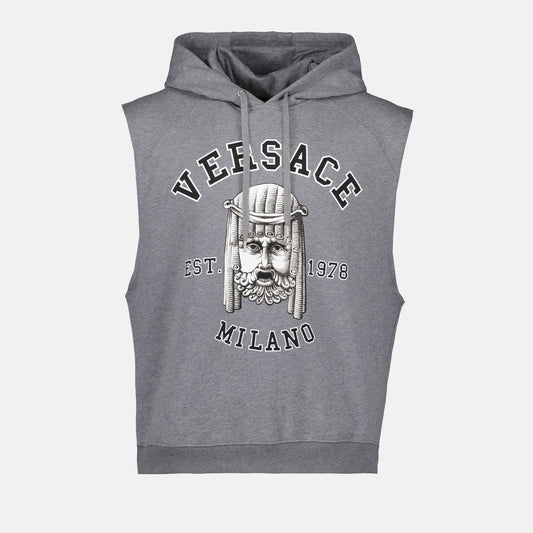 Versace Hoodie, La Maschera, Men's Luxury Sweatshirt, Grey Hoodie, High-end Fashion