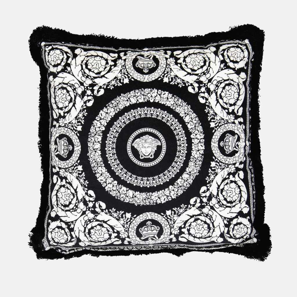 Versace Barocco cushion, luxury home decor, black and white cushion, designer cushion, Versace home accessories