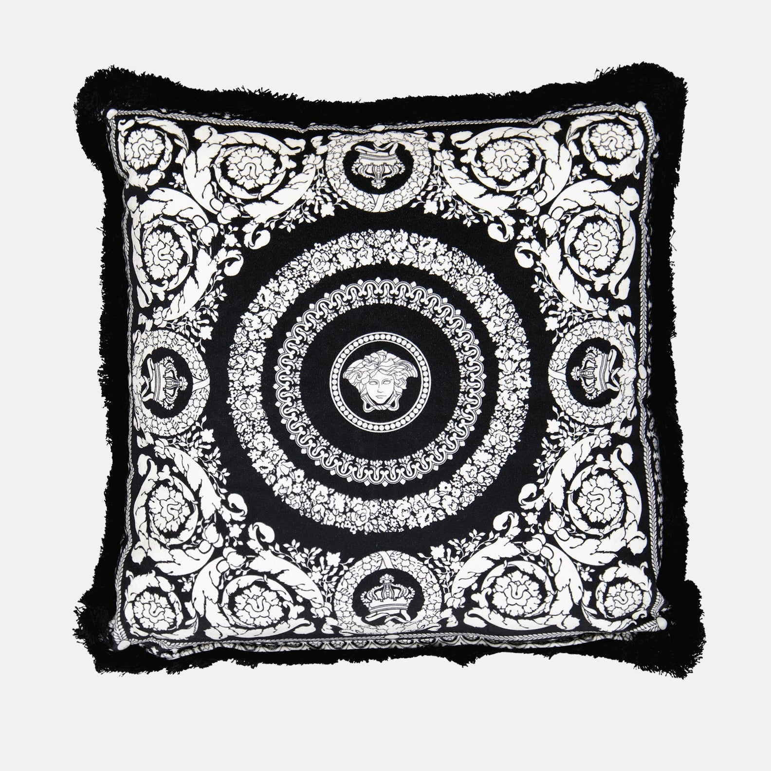 Versace Barocco cushion, luxury home decor, black and white cushion, designer cushion, Versace home accessories