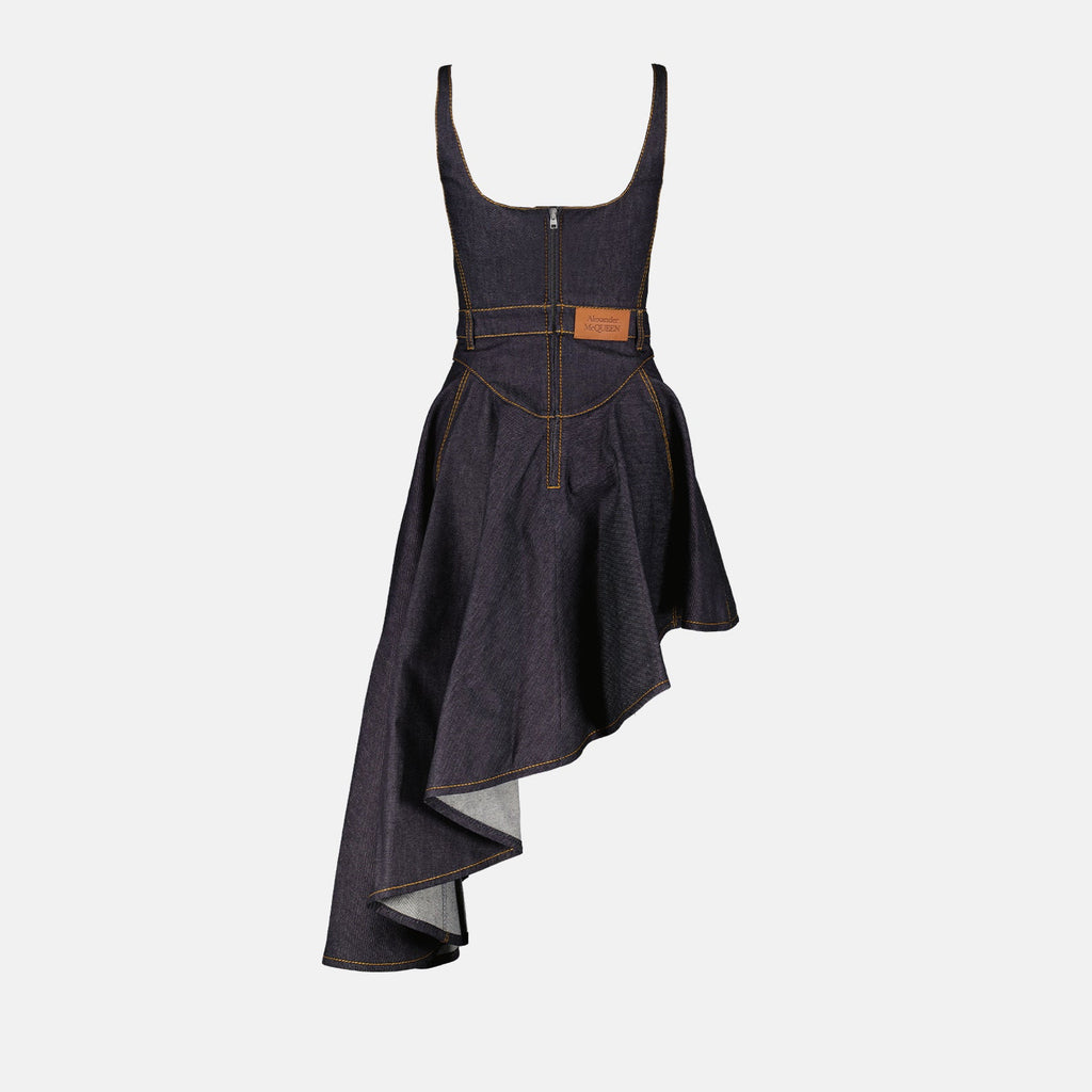 Asymmetric denim dress, Alexander McQueen dress, zip closure dress, leather label dress, raw grey denim