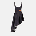 Asymmetric denim dress, Alexander McQueen dress, zip closure dress, leather label dress, raw grey denim