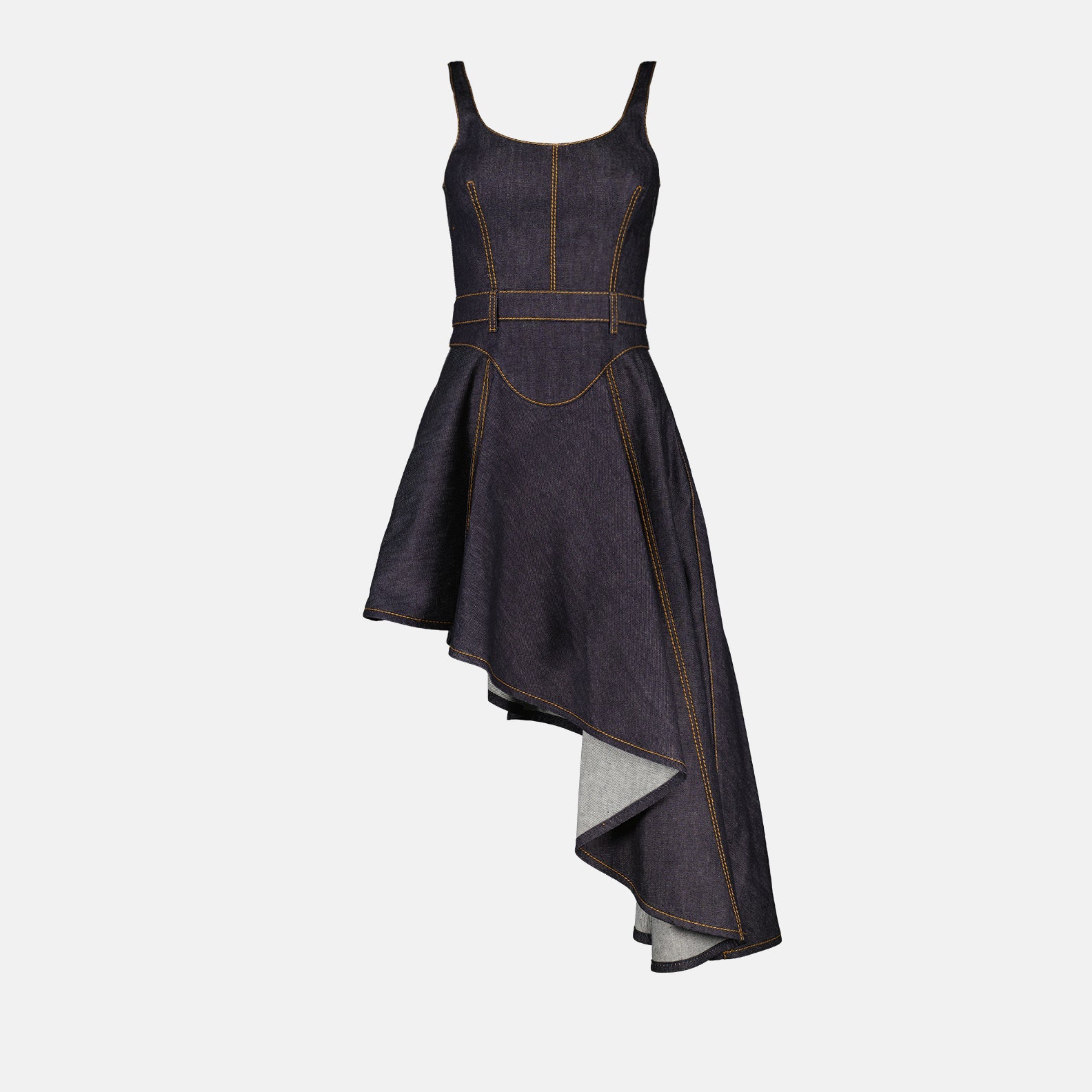 Asymmetric denim dress, Alexander McQueen dress, zip closure dress, leather label dress, raw grey denim