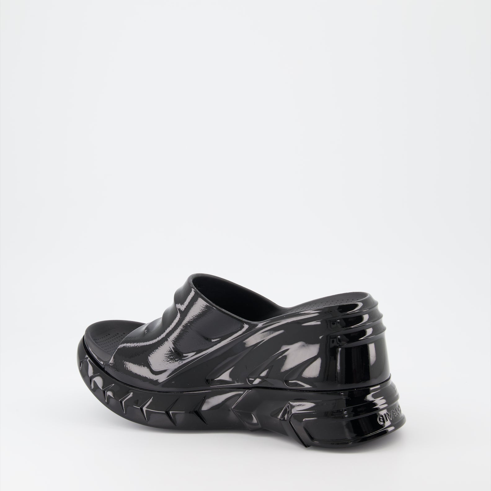 Wedge sandals, black sandals, slip-on sandals, rubber footwear, elegant sandals