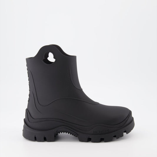 luxury rubber boots, black ankle boots, Moncler boots, stylish rain boots, waterproof footwear