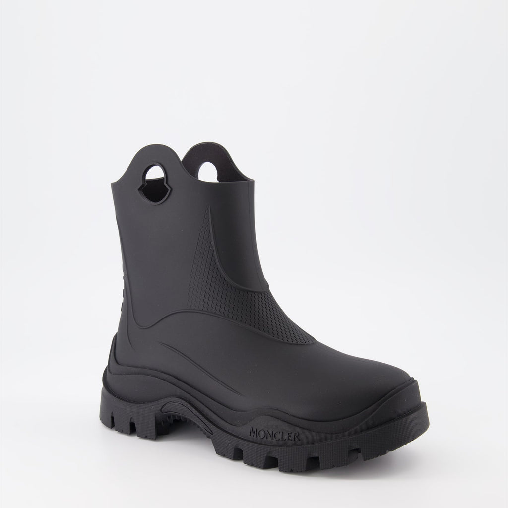 luxury rubber boots, black ankle boots, Moncler boots, stylish rain boots, waterproof footwear