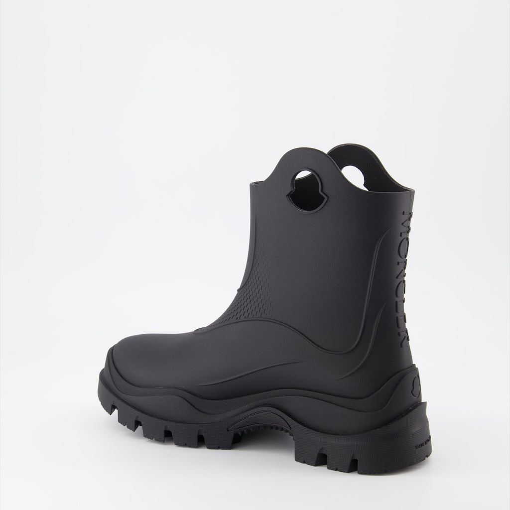 Moncler, luxury ankle boots, women’s black boots, high-end footwear, designer rain boots