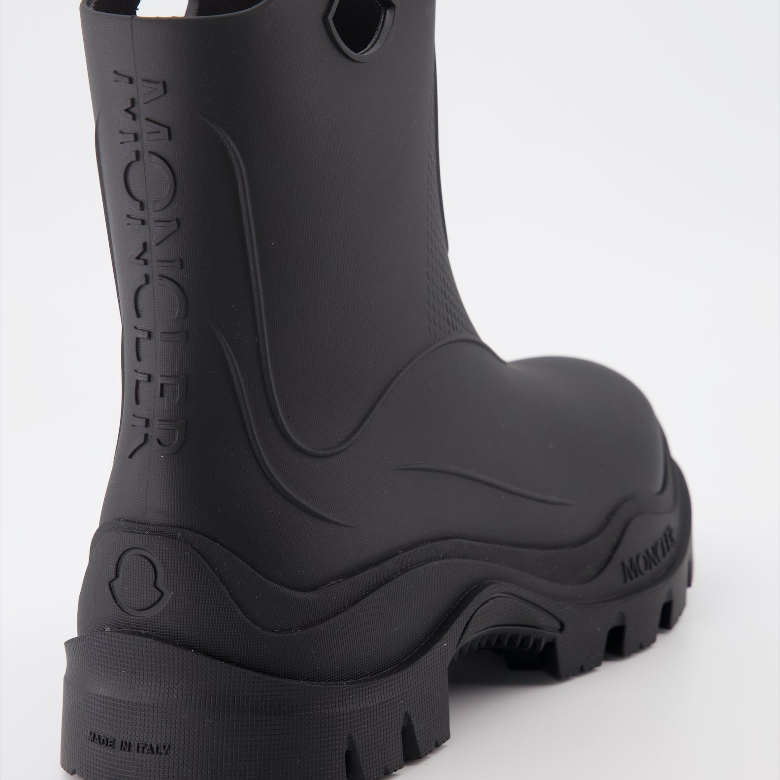 luxury rubber boots, black ankle boots, Moncler boots, stylish rain boots, waterproof footwear