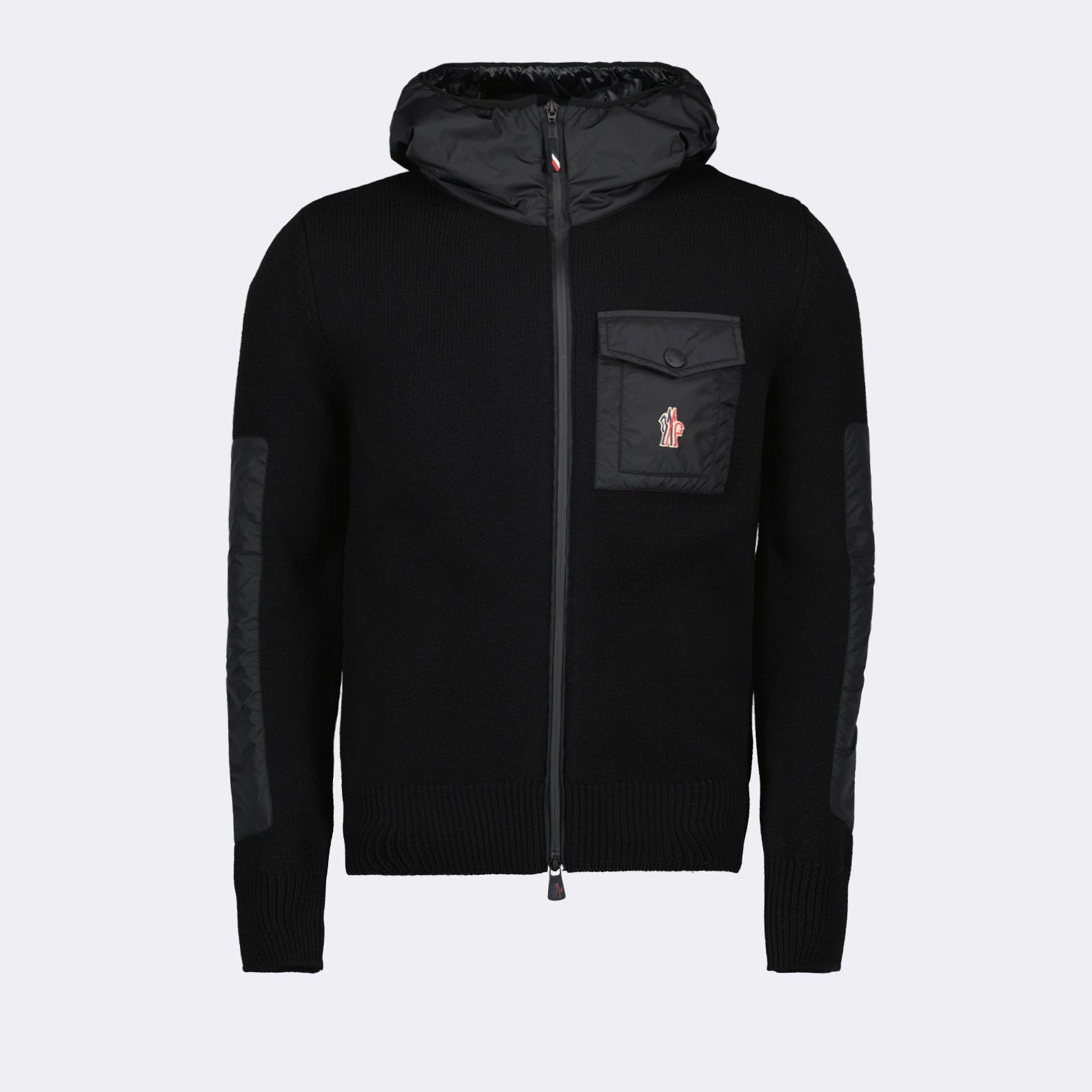 luxury wool jacket, Moncler Grenoble jacket, black hooded jacket, designer outerwear, high-end wool jacket