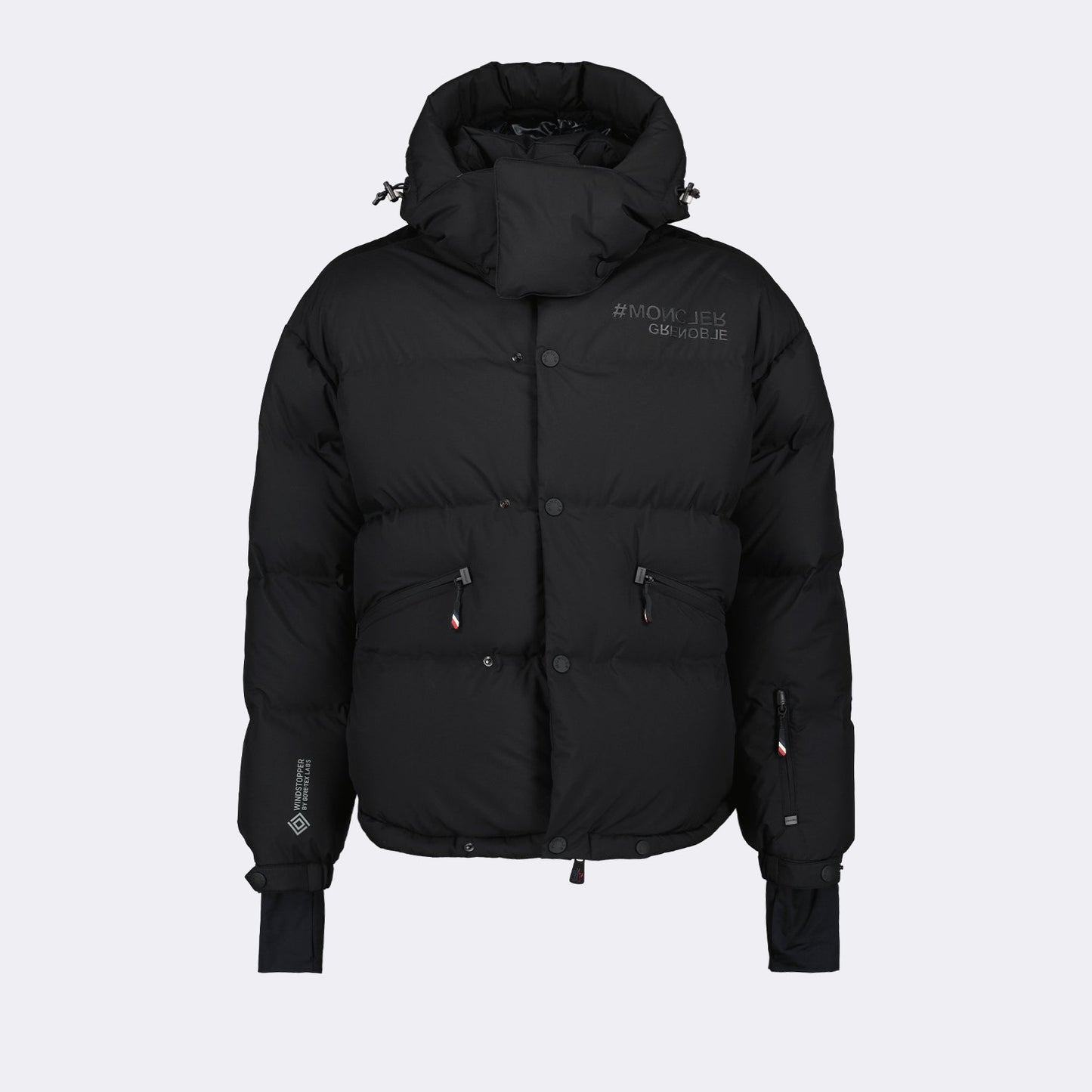 luxury down jacket, black nylon jacket, Moncler Grenoble, high-end outerwear, stylish winter coat