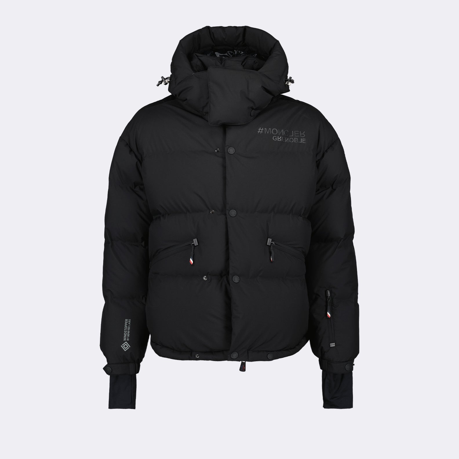 luxury down jacket, black nylon jacket, Moncler Grenoble, high-end outerwear, stylish winter coat