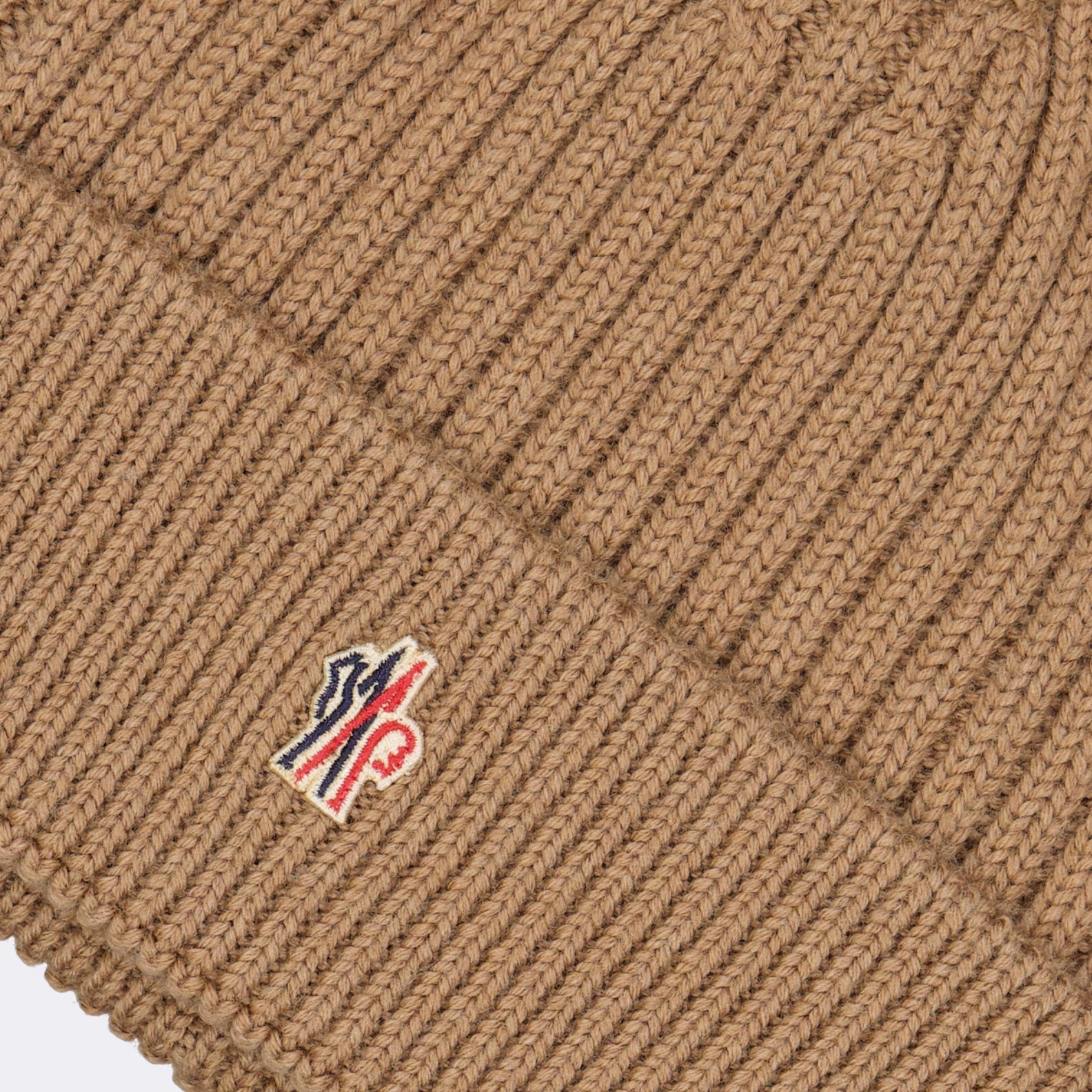 Moncler beanie, luxury brown beanie, designer winter accessory, Moncler Grenoble logo, elegant beanie