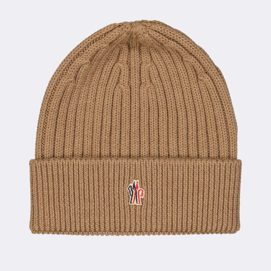 Moncler beanie, luxury brown beanie, designer winter accessory, Moncler Grenoble logo, elegant beanie