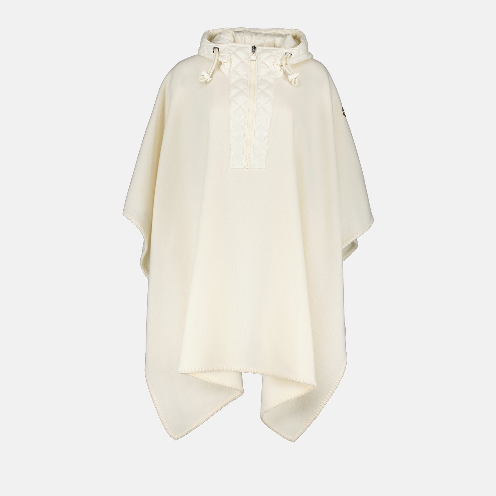 Moncler wool cape, luxury women's outerwear, white wool cape, high-end fashion, elegant cape