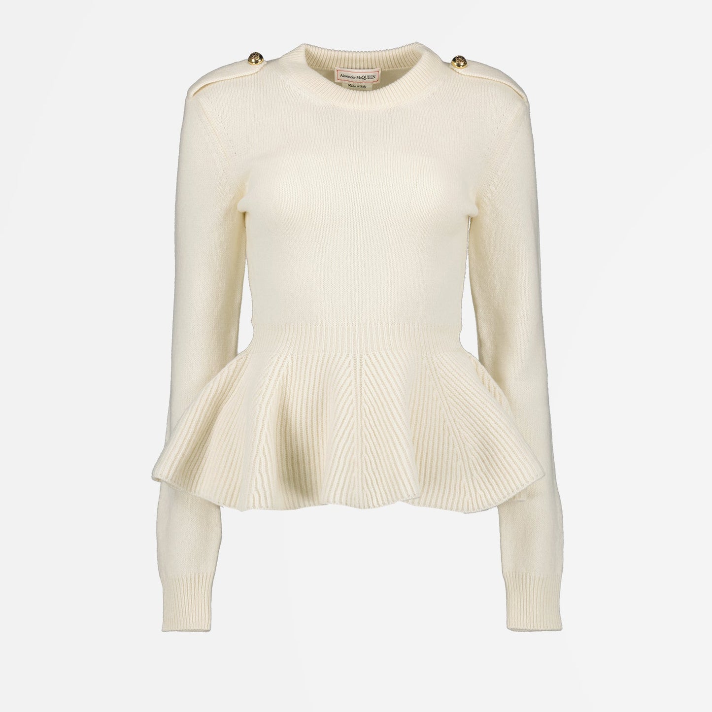 Alexander McQueen sweater, white ruffled sweater, luxury women's knitwear, high-end fashion, designer clothing