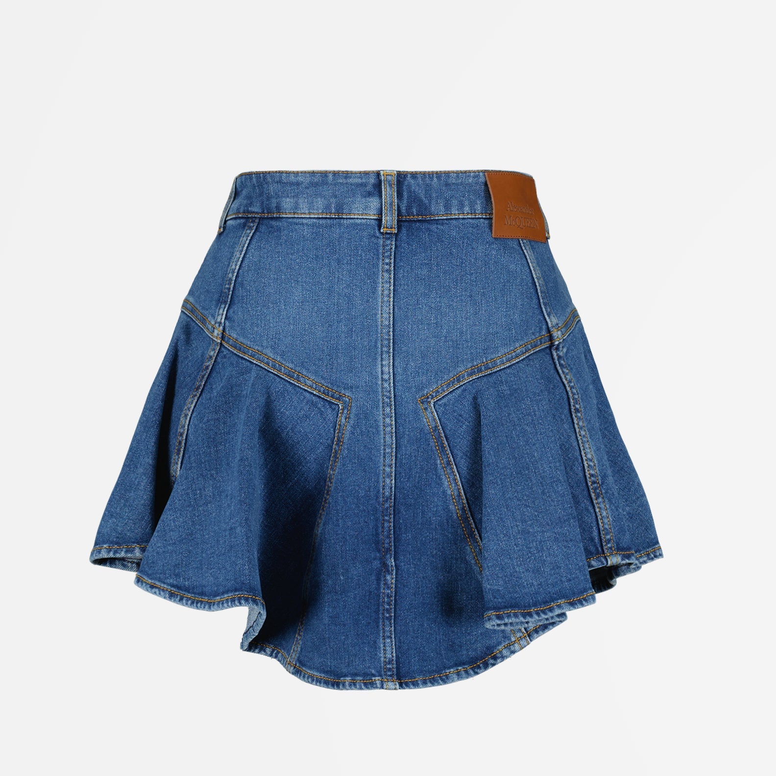 Alexander McQueen, luxury denim skirt, women's designer skirt, high-end fashion, elegant denim wear