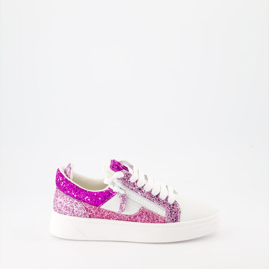 Sparkling sneakers, Pink leather sneakers, Giuseppe Zanotti shoes, Fashion sneakers, Designer footwear