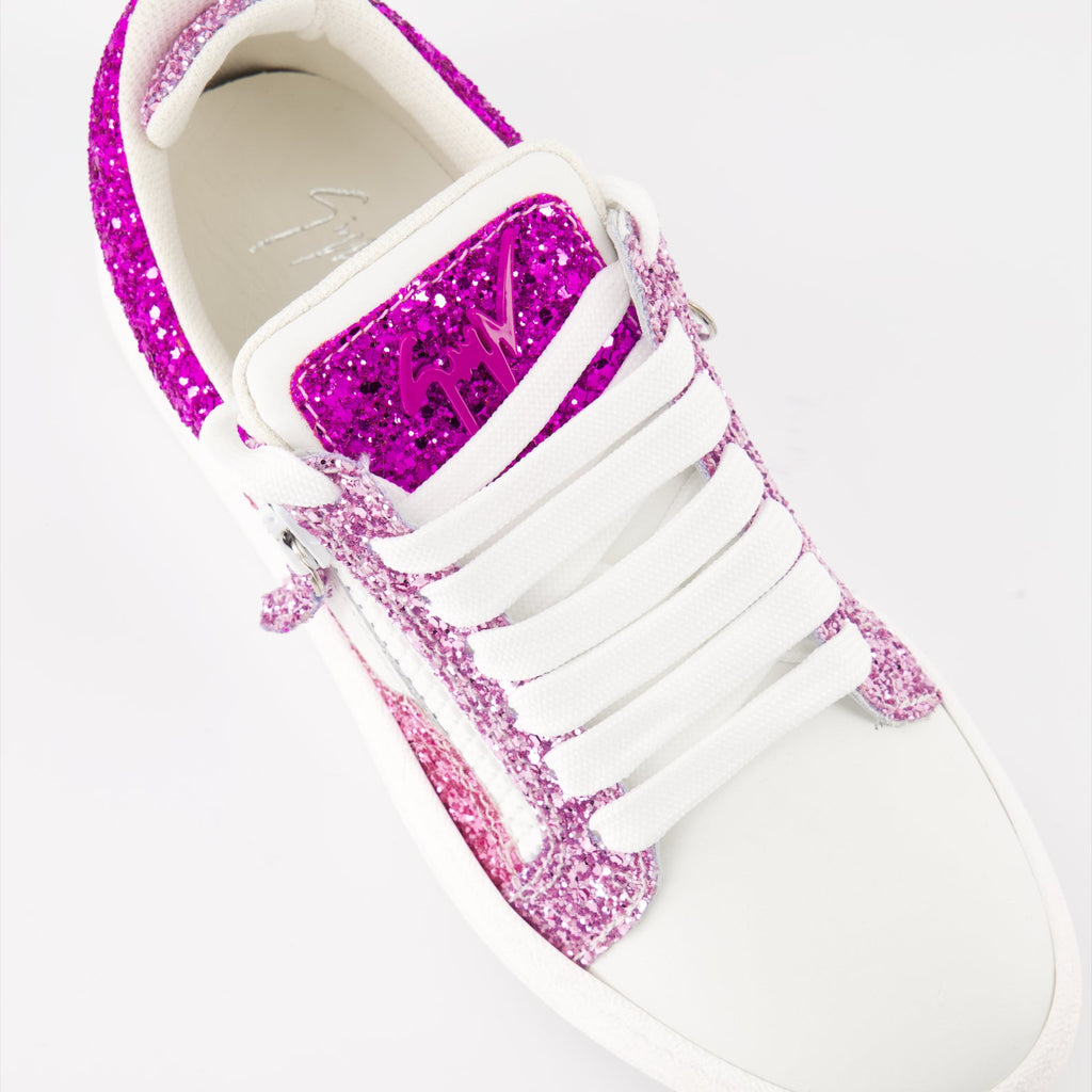 Sparkling sneakers, Pink leather sneakers, Giuseppe Zanotti shoes, Fashion sneakers, Designer footwear