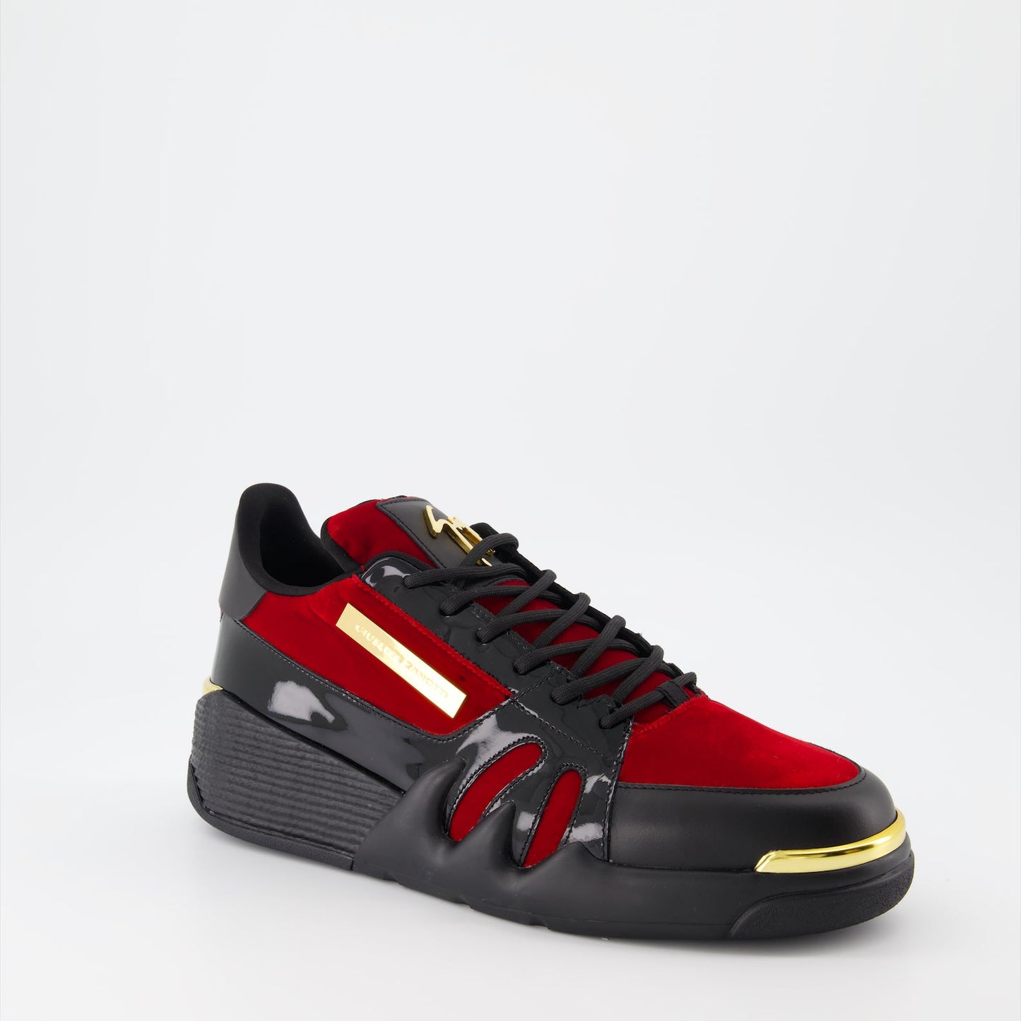 Giuseppe Zanotti sneakers, luxury men's footwear, red and black high-tops, designer sneakers for men, high-end Italian shoes