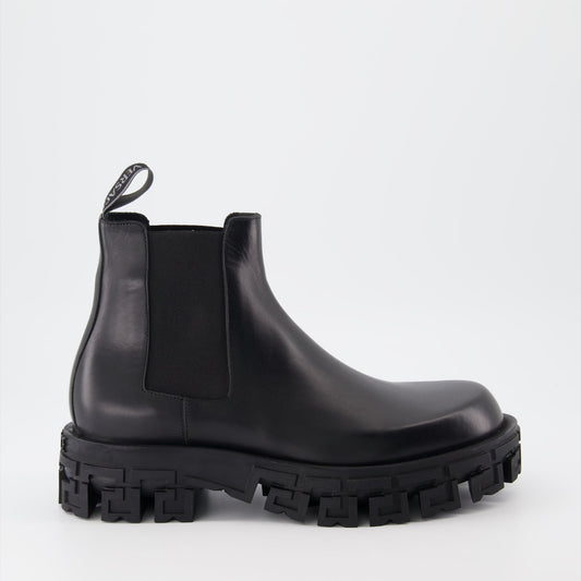 Versace Chelsea Boots, Men's luxury footwear, Greca pattern boots, Designer men's boots, High-end leather boots