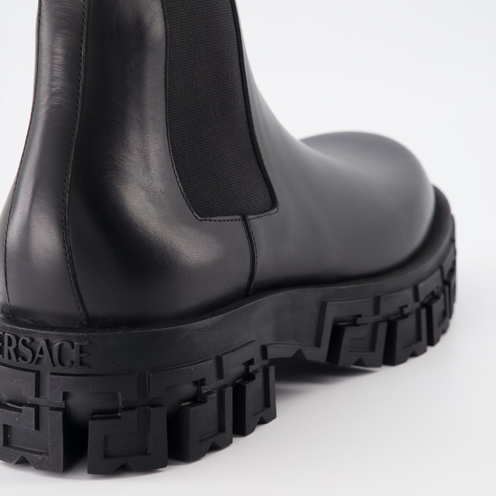 Versace Chelsea Boots, Men's luxury footwear, Greca pattern boots, Designer men's boots, High-end leather boots