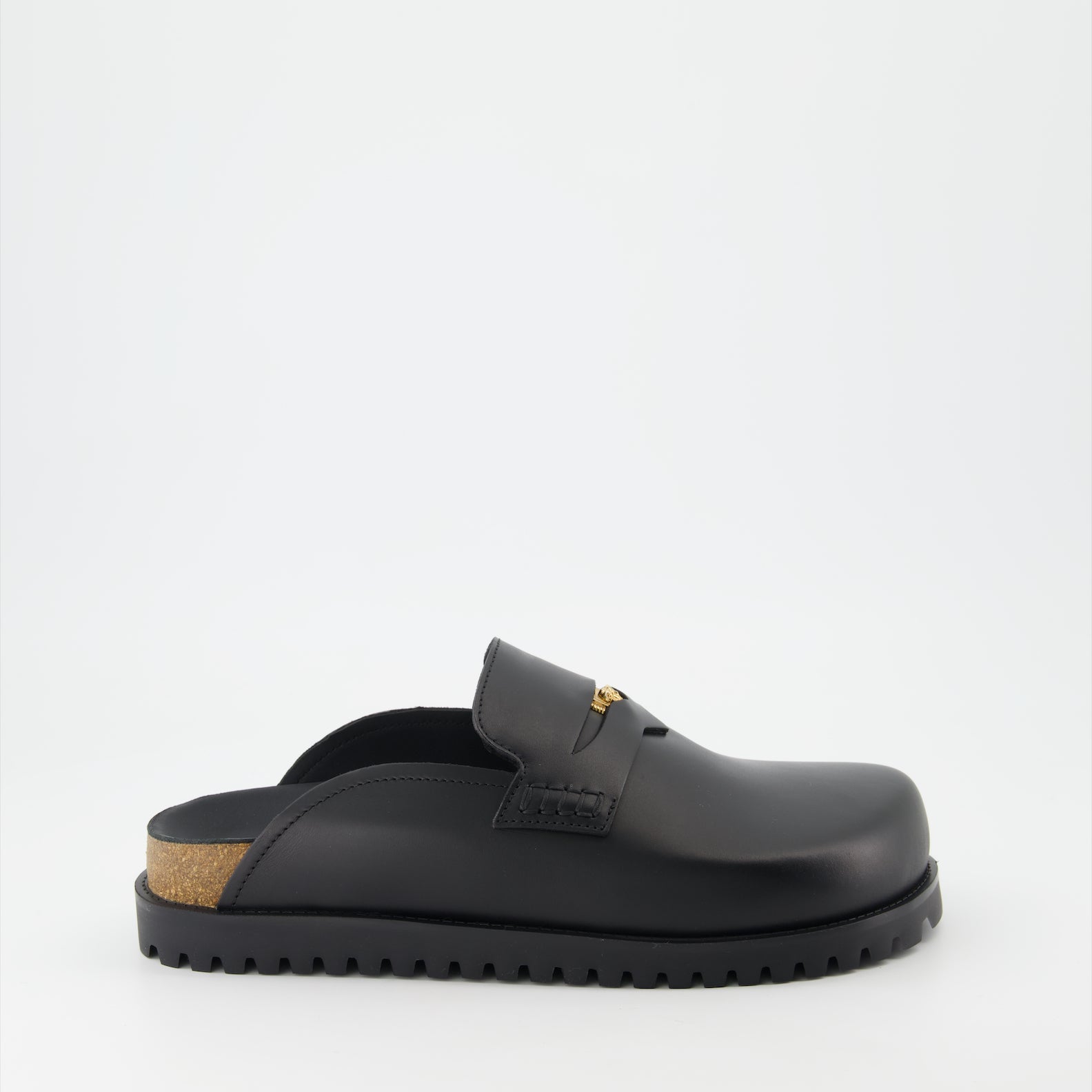 Versace, Medusa mules, luxury footwear, men's designer shoes, black leather mules