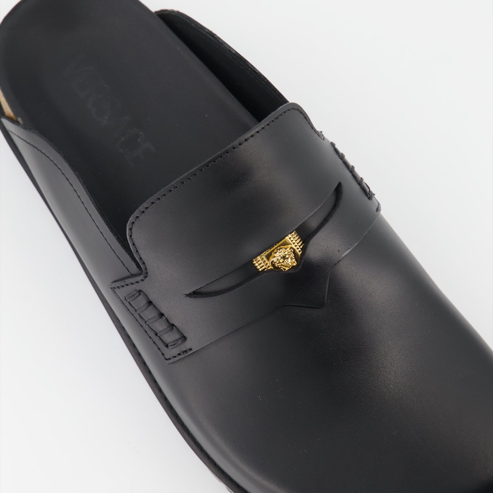 Versace, Medusa mules, luxury footwear, men's designer shoes, black leather mules