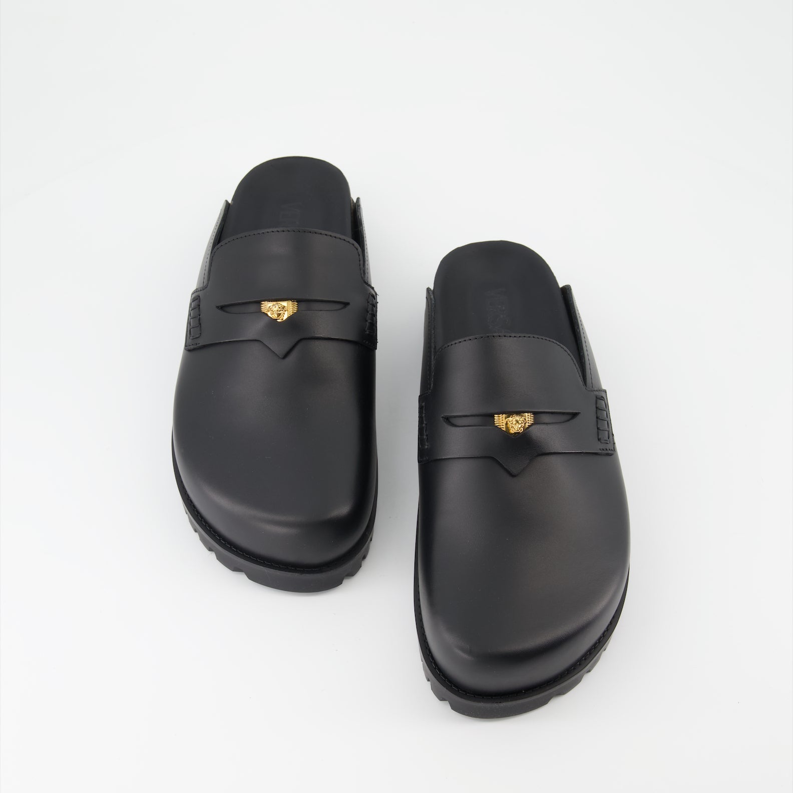 Versace, Medusa mules, luxury footwear, men's designer shoes, black leather mules