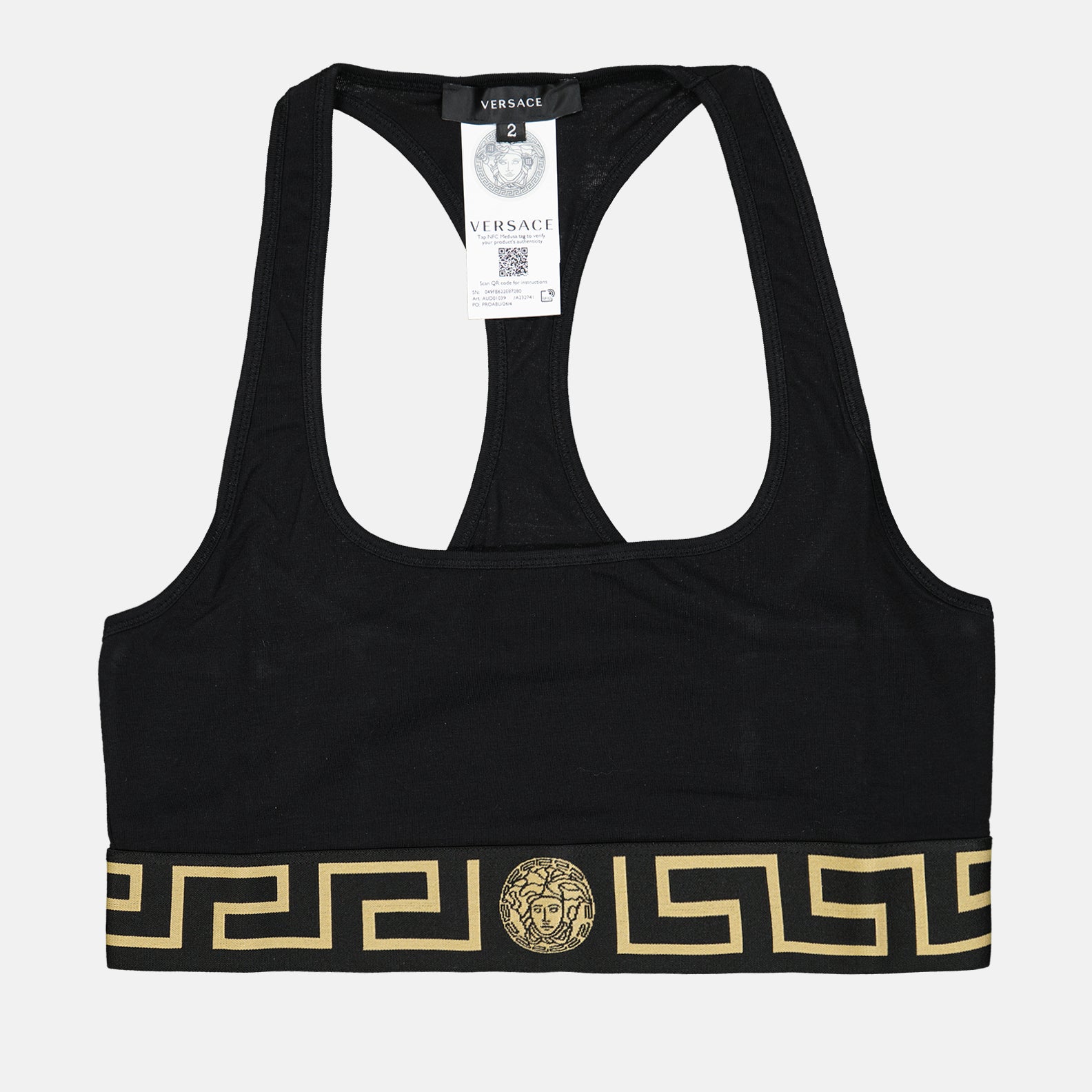 Versace sports bra, women's luxury activewear, black Greca bra, designer sportswear, high-end women’s clothing