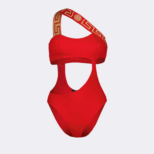 Greca Red Swimsuit, luxury swimwear, Versace, designer swimwear, elegant swimsuit