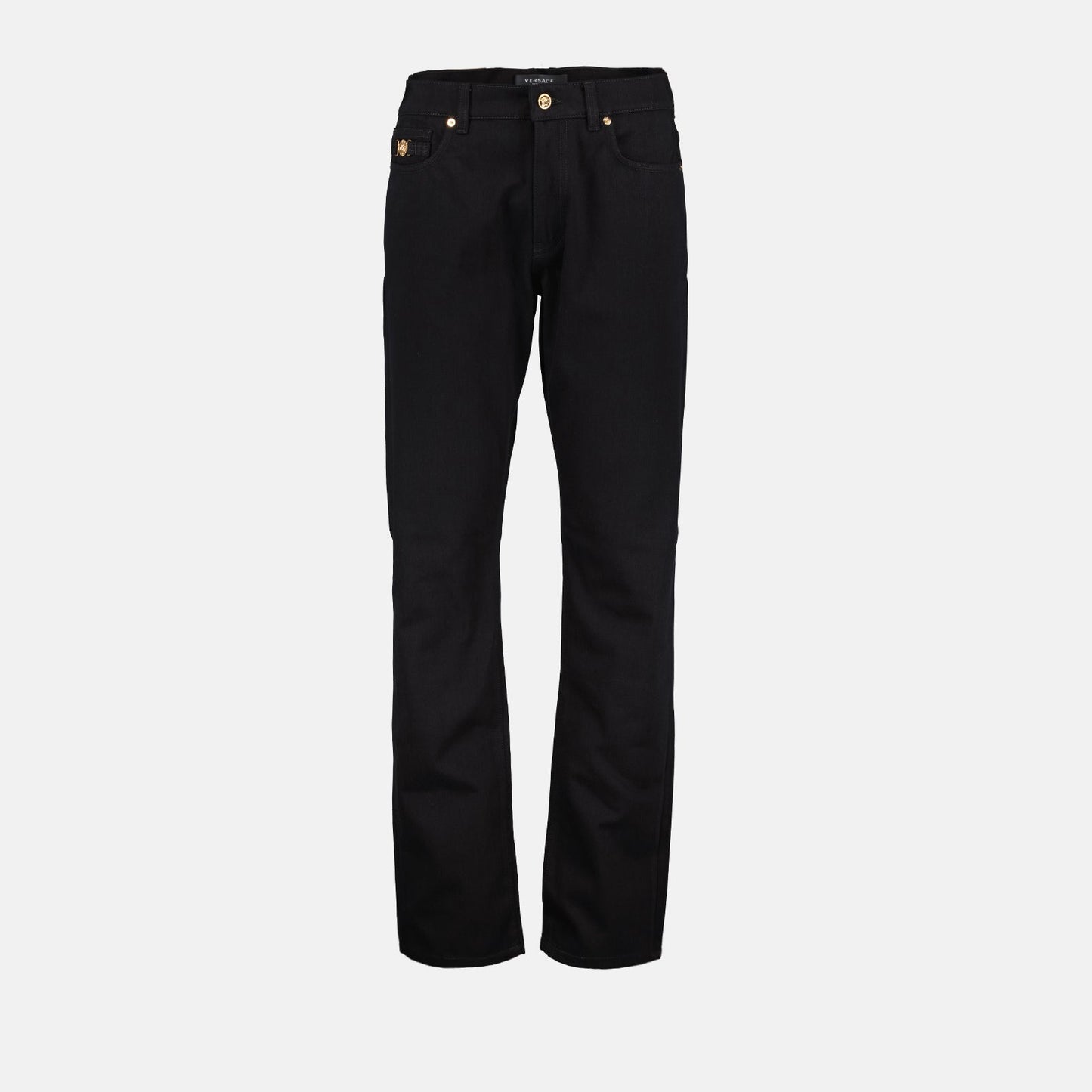 Versace jeans, men's luxury jeans, slim fit jeans, black designer jeans, La Medusa jeans