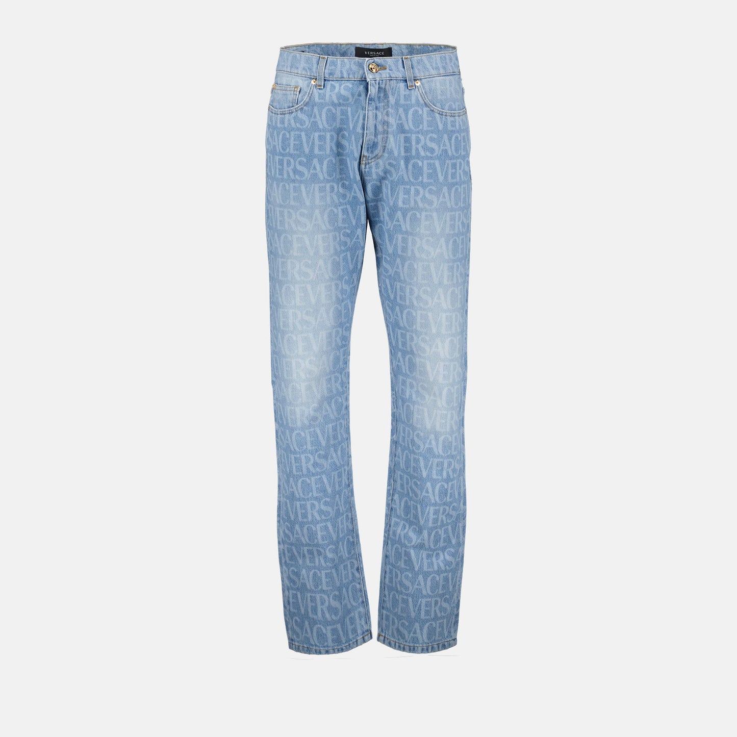 Versace denim jeans, luxury men’s jeans, blue denim jeans, Versace allover print, high-end men's fashion