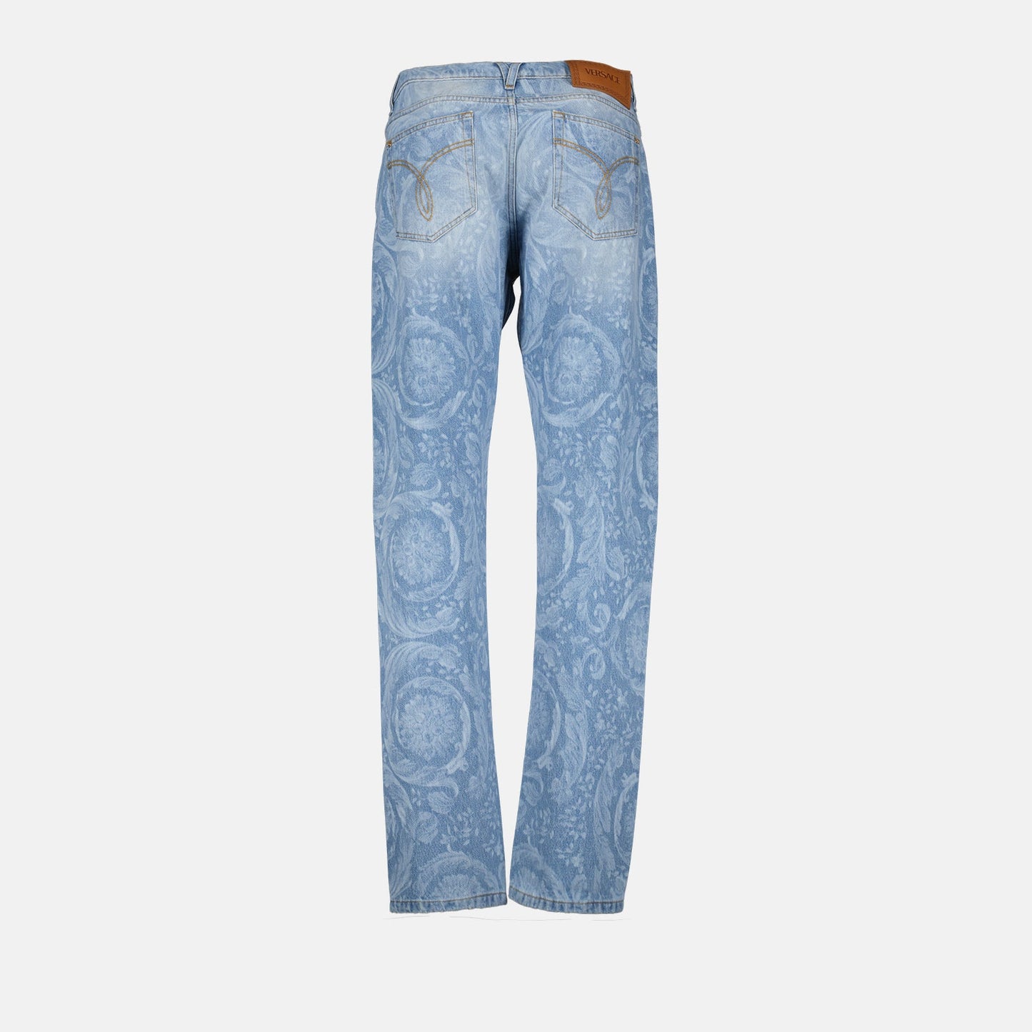 Versace denim jeans, luxury men’s jeans, blue denim jeans, Versace allover print, high-end men's fashion