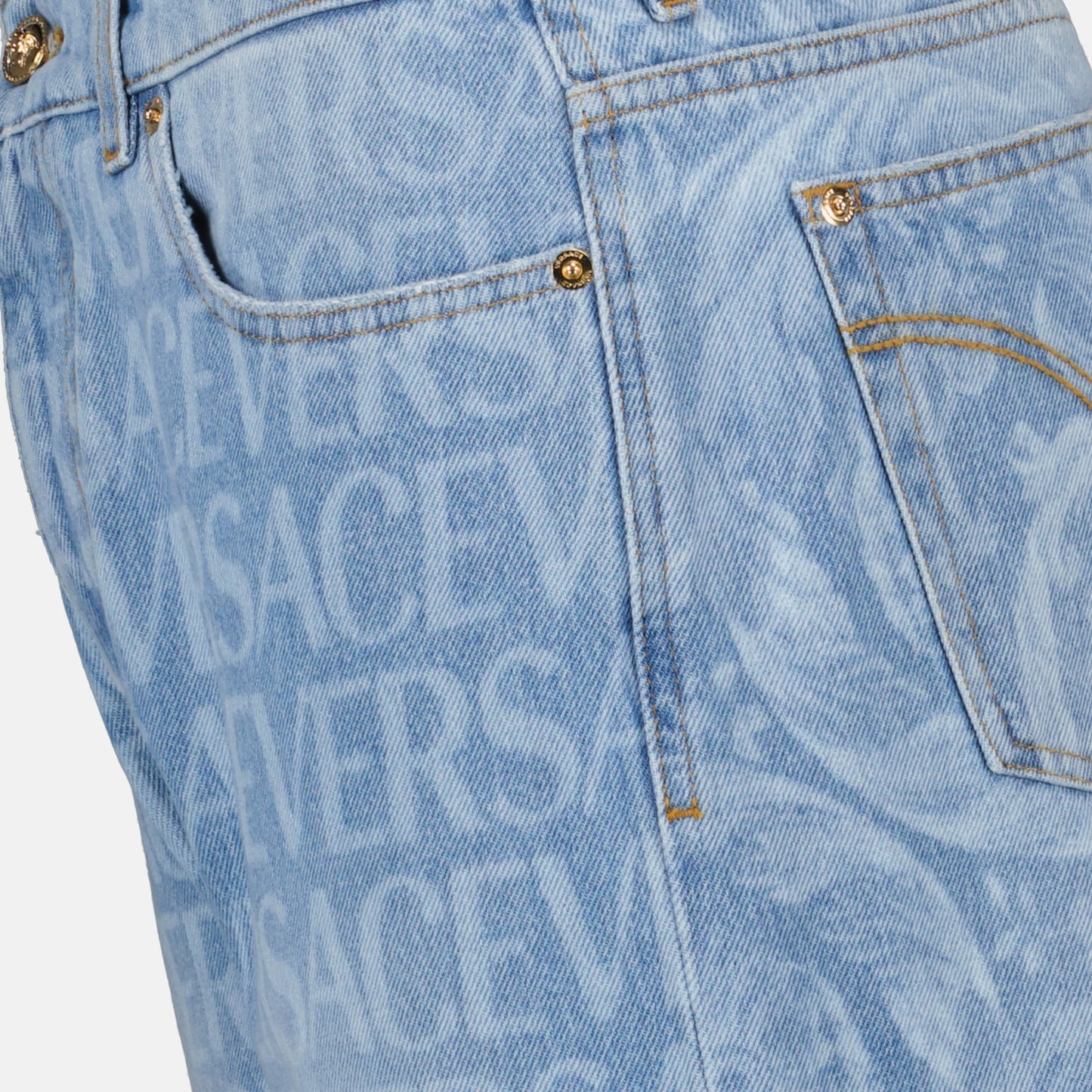 Versace denim jeans, luxury men’s jeans, blue denim jeans, Versace allover print, high-end men's fashion