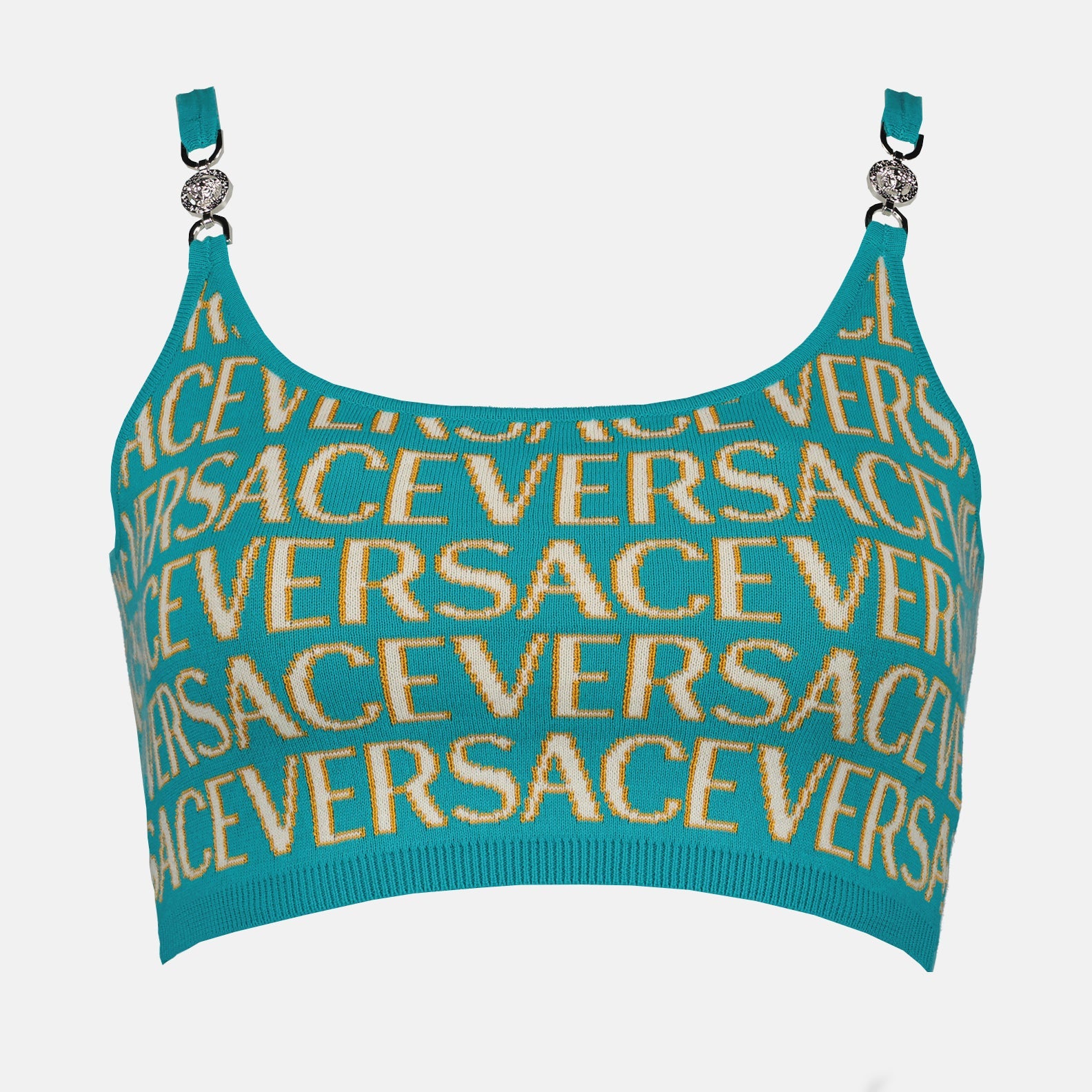 Versace, knit crop top, blue crop top, luxury women's top, designer crop top