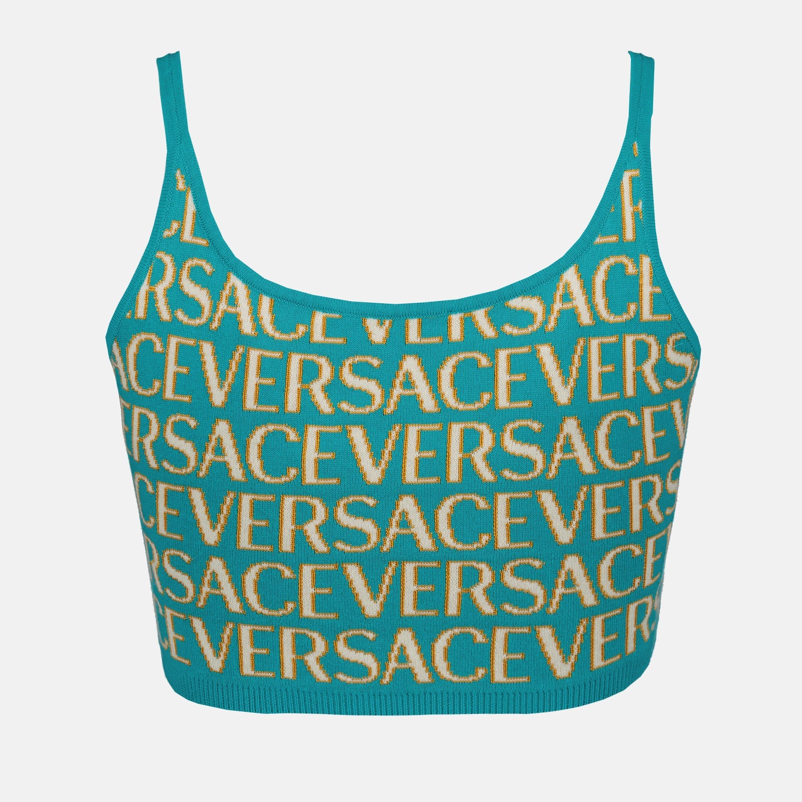 Versace, knit crop top, blue crop top, luxury women's top, designer crop top