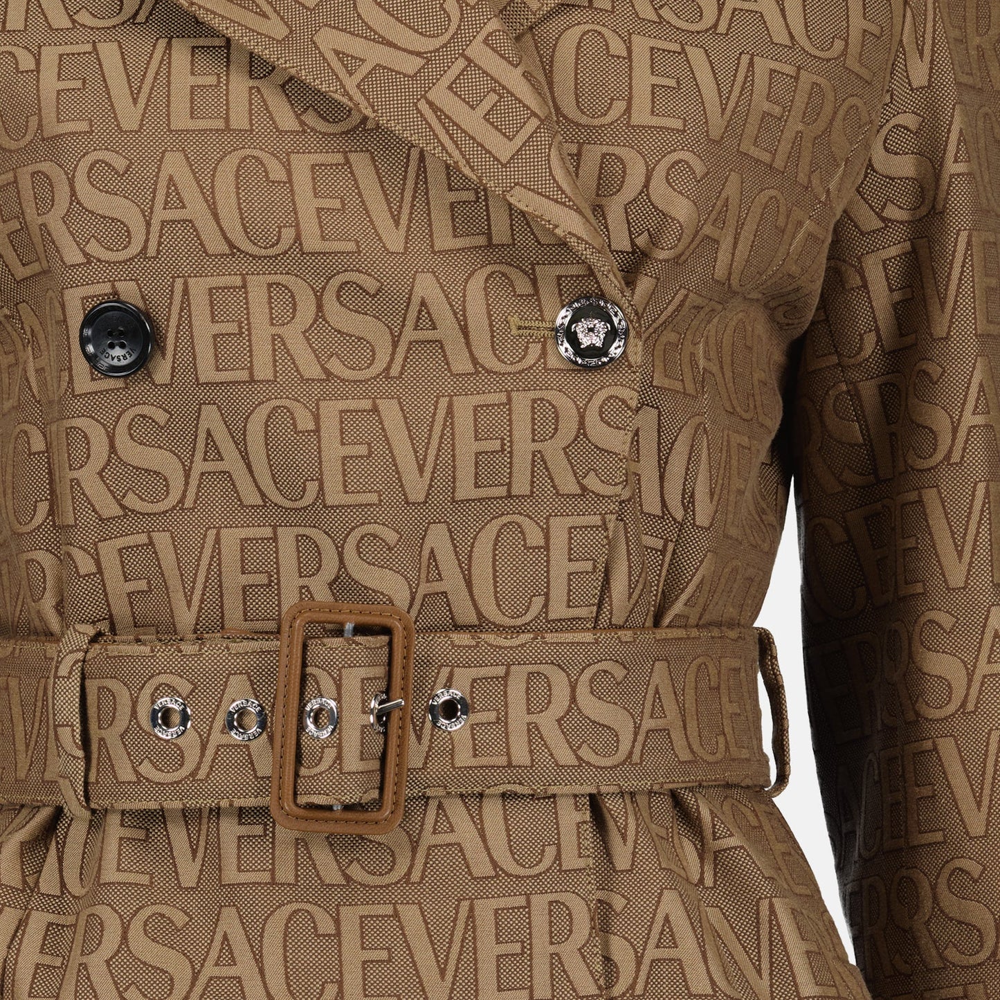 Versace trench coat, Women's luxury outerwear, Brown monogram coat, Designer trench coat, High-end fashion