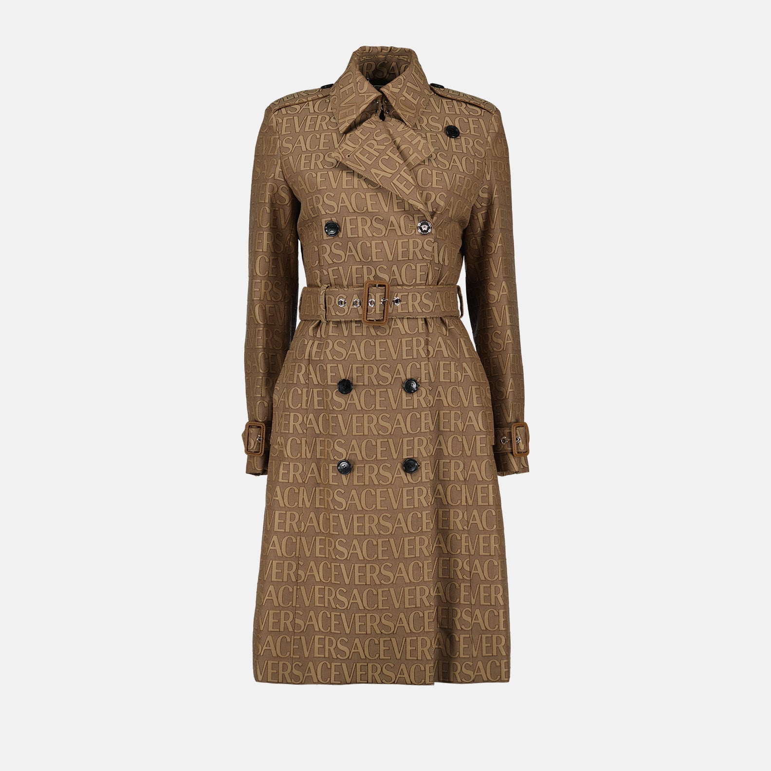 Versace trench coat, Women's luxury outerwear, Brown monogram coat, Designer trench coat, High-end fashion