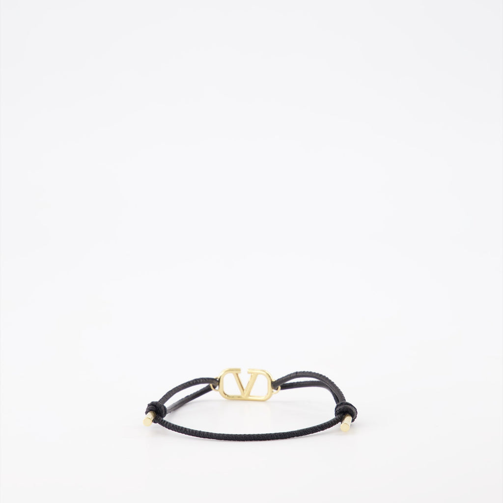 VLogo bracelet, black cord bracelet, adjustable bracelet, Valentino Garavani accessory, gold accents bracelet