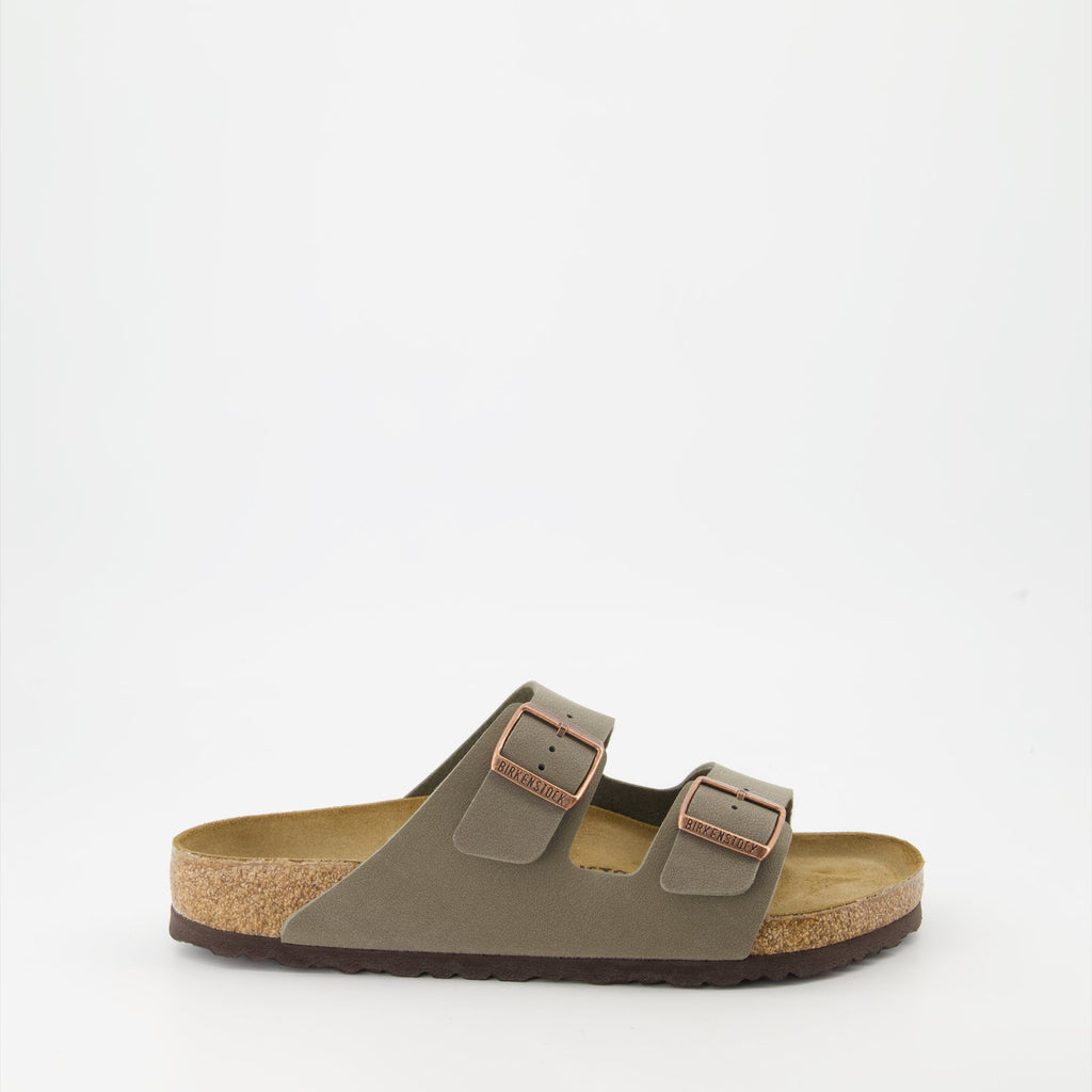 Birkenstock sandals, Arizona slides, synthetic leather sandals, taupe footwear, luxury comfort