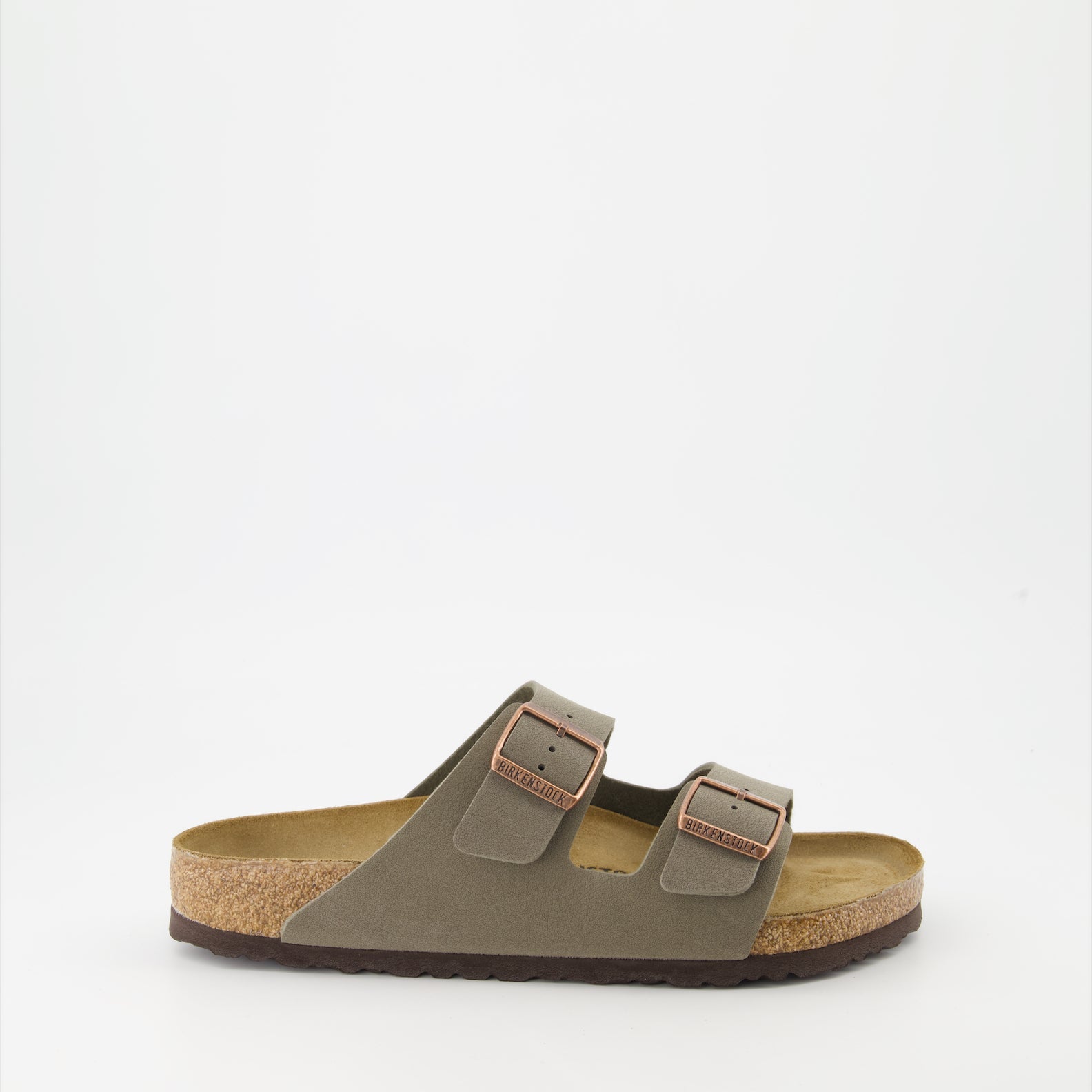 Birkenstock sandals, Arizona slides, synthetic leather sandals, taupe footwear, luxury comfort